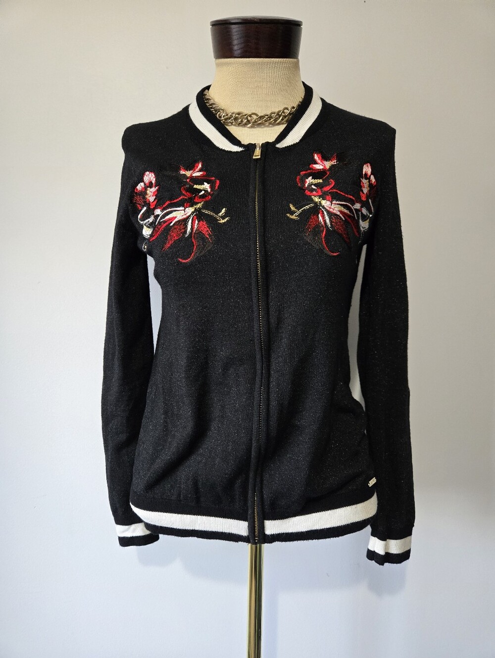 Guess Black Bomber Sweater Jacket with Red & White Floral Embroidery. Size M
